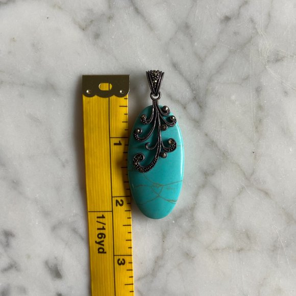 Vintage Sterling Marcasite Turquoise Pendant - Picture 5 of 6